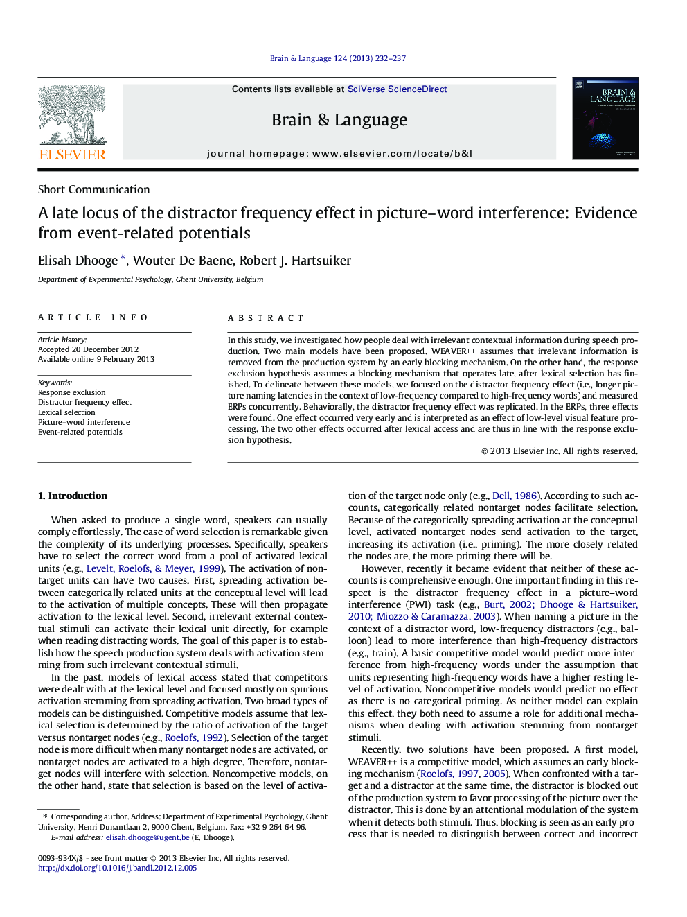 A late locus of the distractor frequency effect in picture-word interference: Evidence from event-related potentials