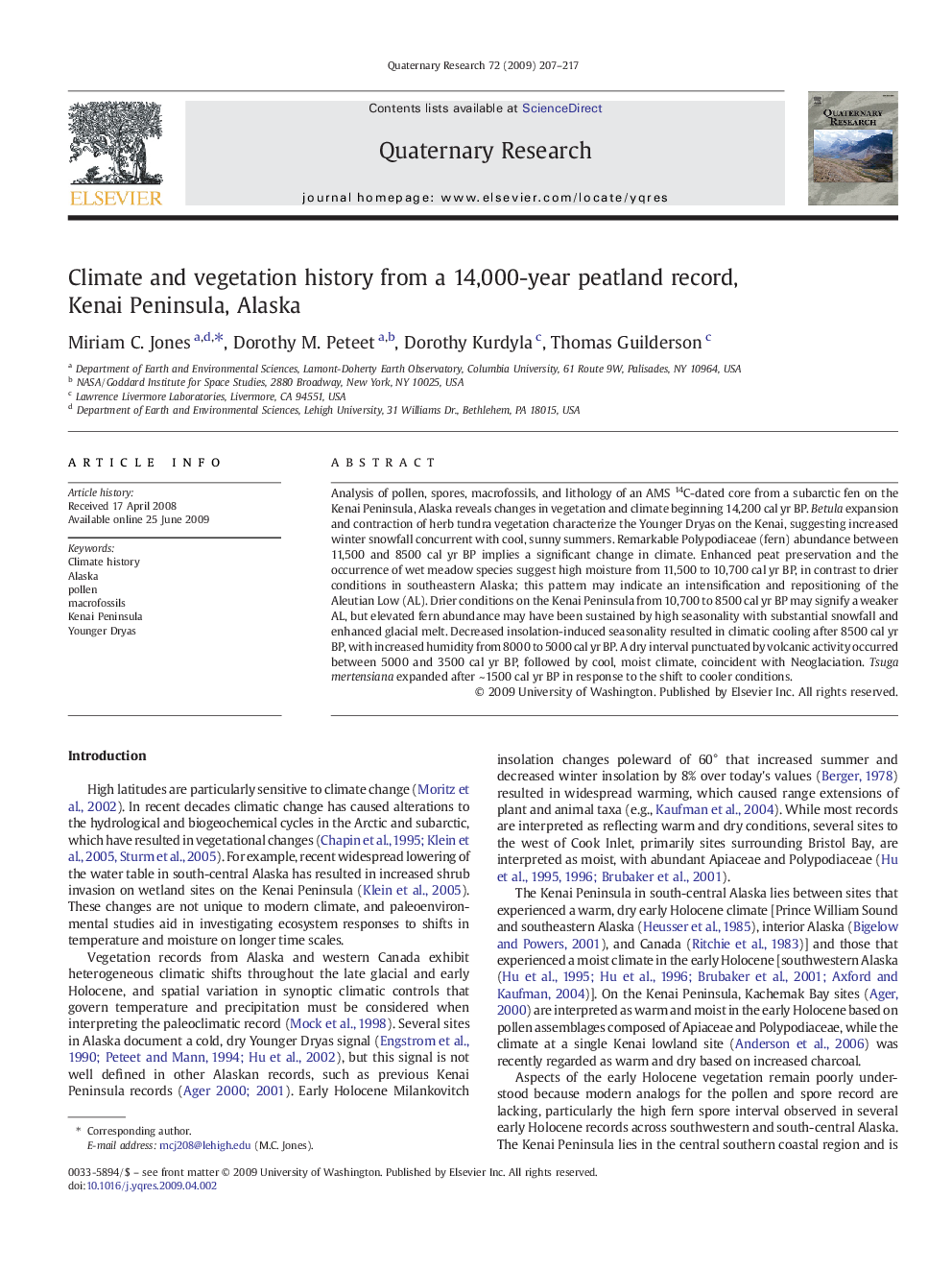 Climate and vegetation history from a 14,000-year peatland record, Kenai Peninsula, Alaska