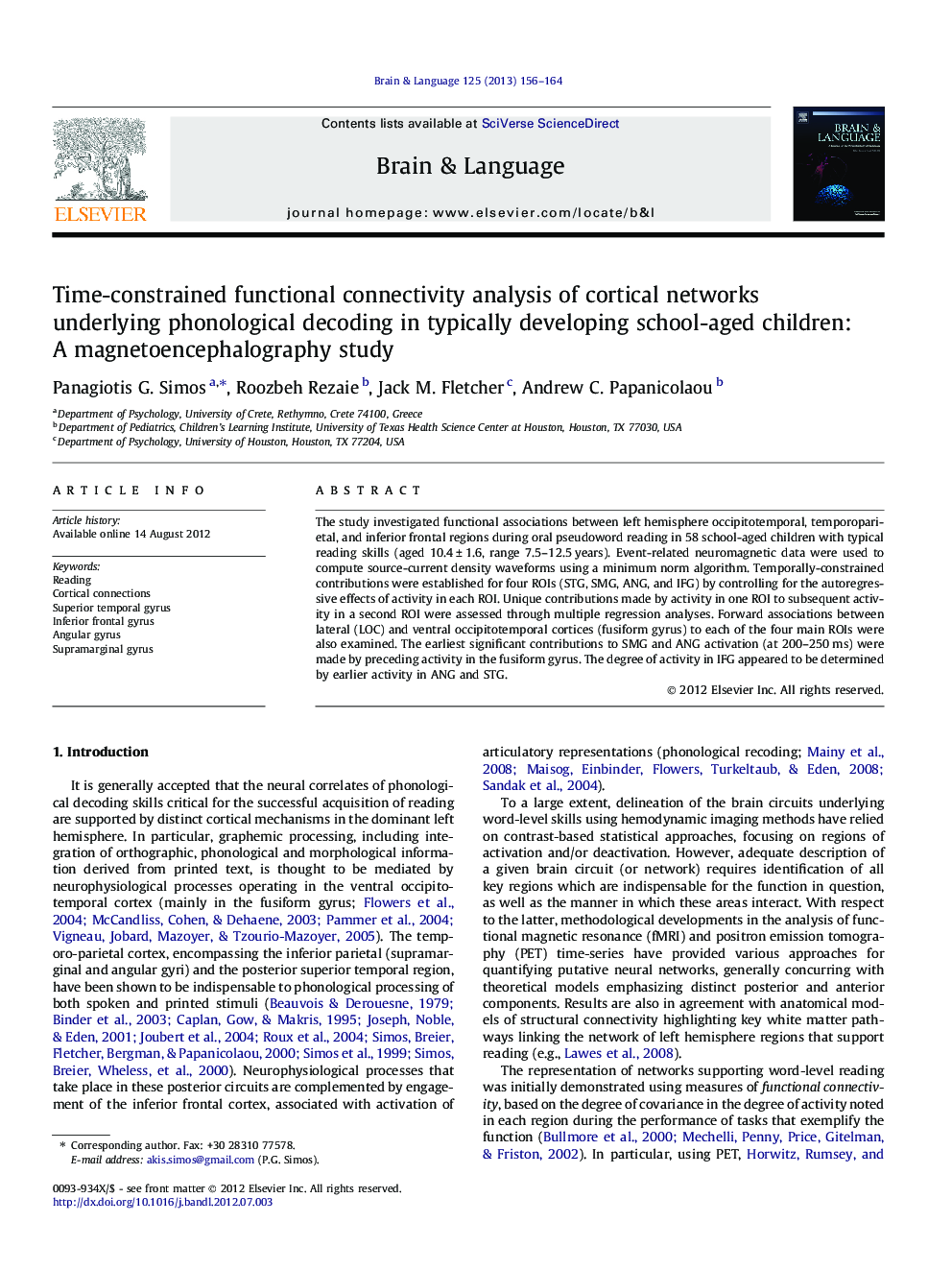 Time-constrained functional connectivity analysis of cortical networks underlying phonological decoding in typically developing school-aged children: A magnetoencephalography study