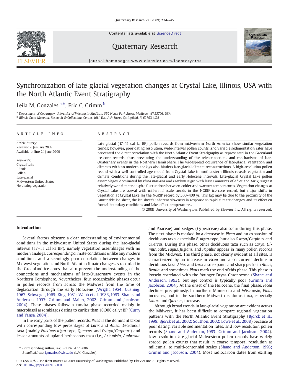 Synchronization of late-glacial vegetation changes at Crystal Lake, Illinois, USA with the North Atlantic Event Stratigraphy