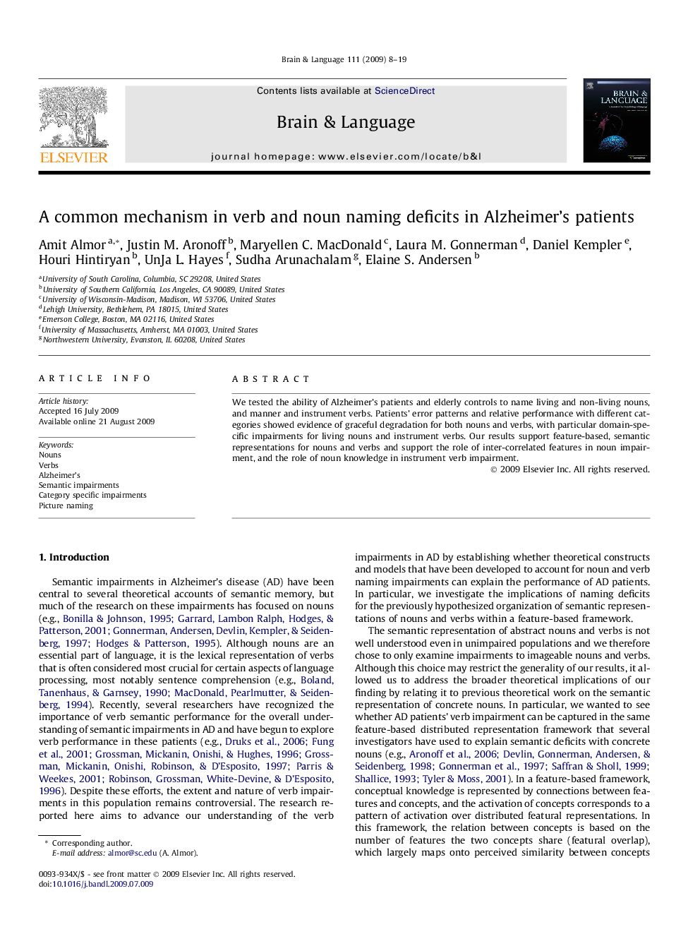 A common mechanism in verb and noun naming deficits in Alzheimer's patients