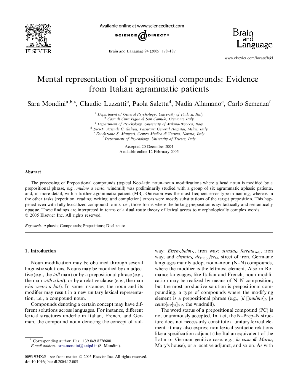 Mental representation of prepositional compounds: Evidence from Italian agrammatic patients