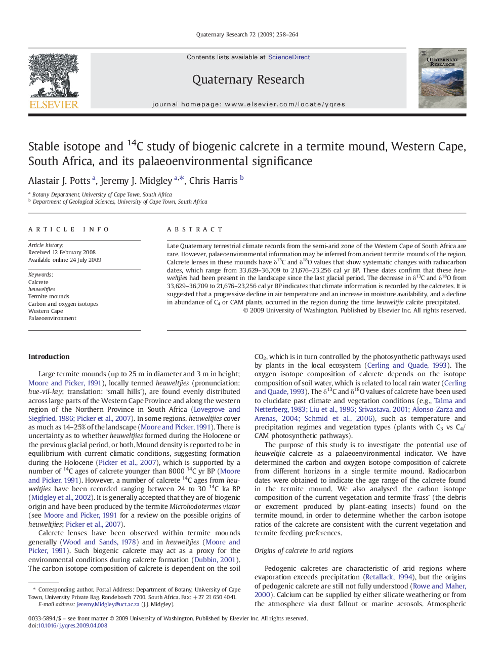 Stable isotope and 14C study of biogenic calcrete in a termite mound, Western Cape, South Africa, and its palaeoenvironmental significance