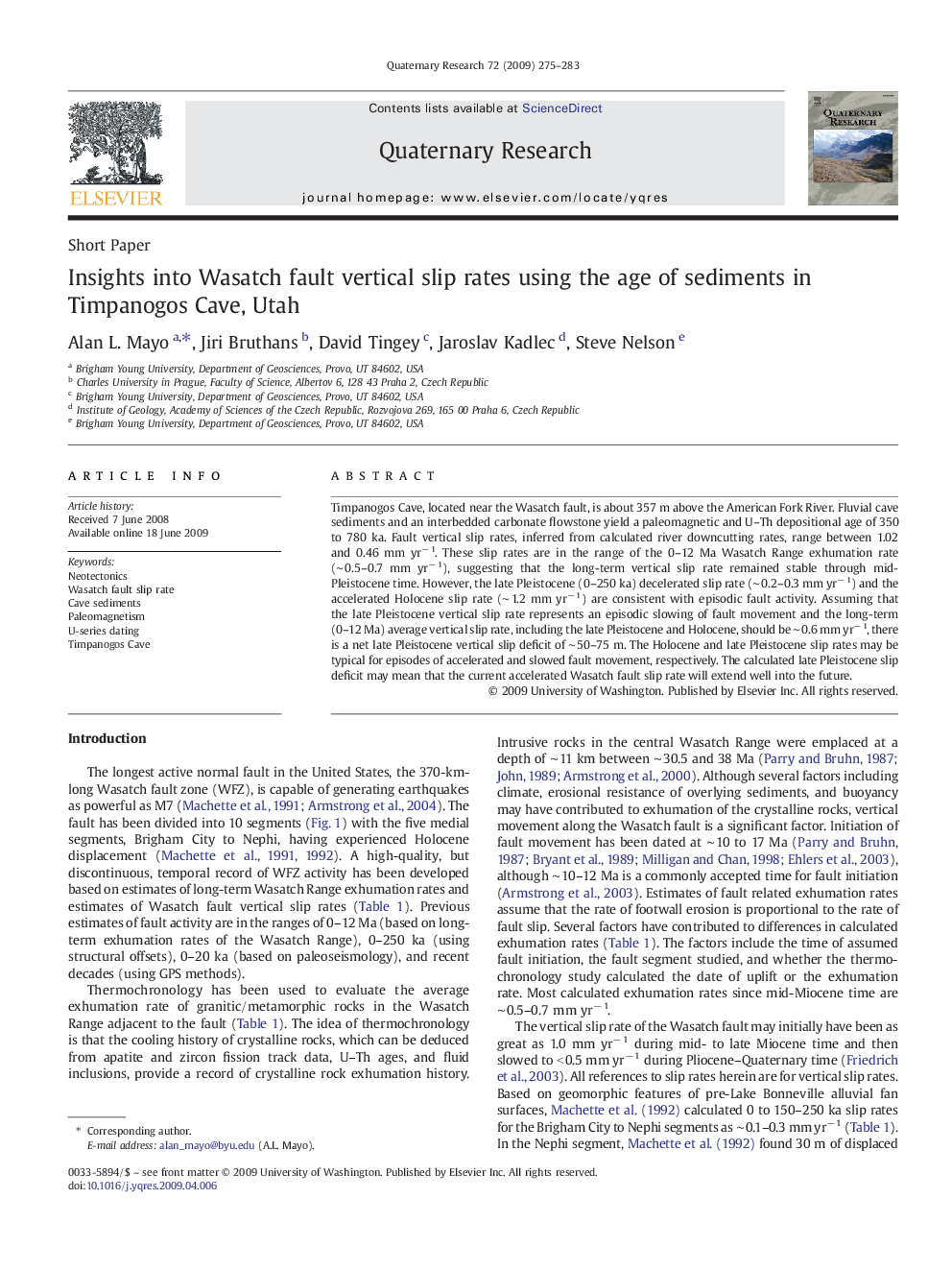 Insights into Wasatch fault vertical slip rates using the age of sediments in Timpanogos Cave, Utah