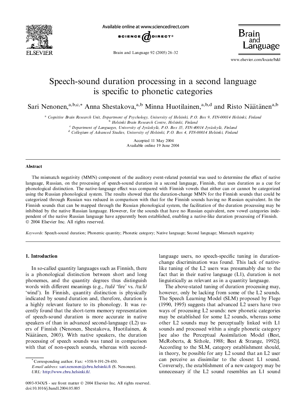 Speech-sound duration processing in a second language is specific to phonetic categories