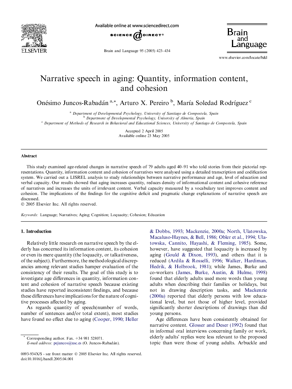 Narrative speech in aging: Quantity, information content, and cohesion