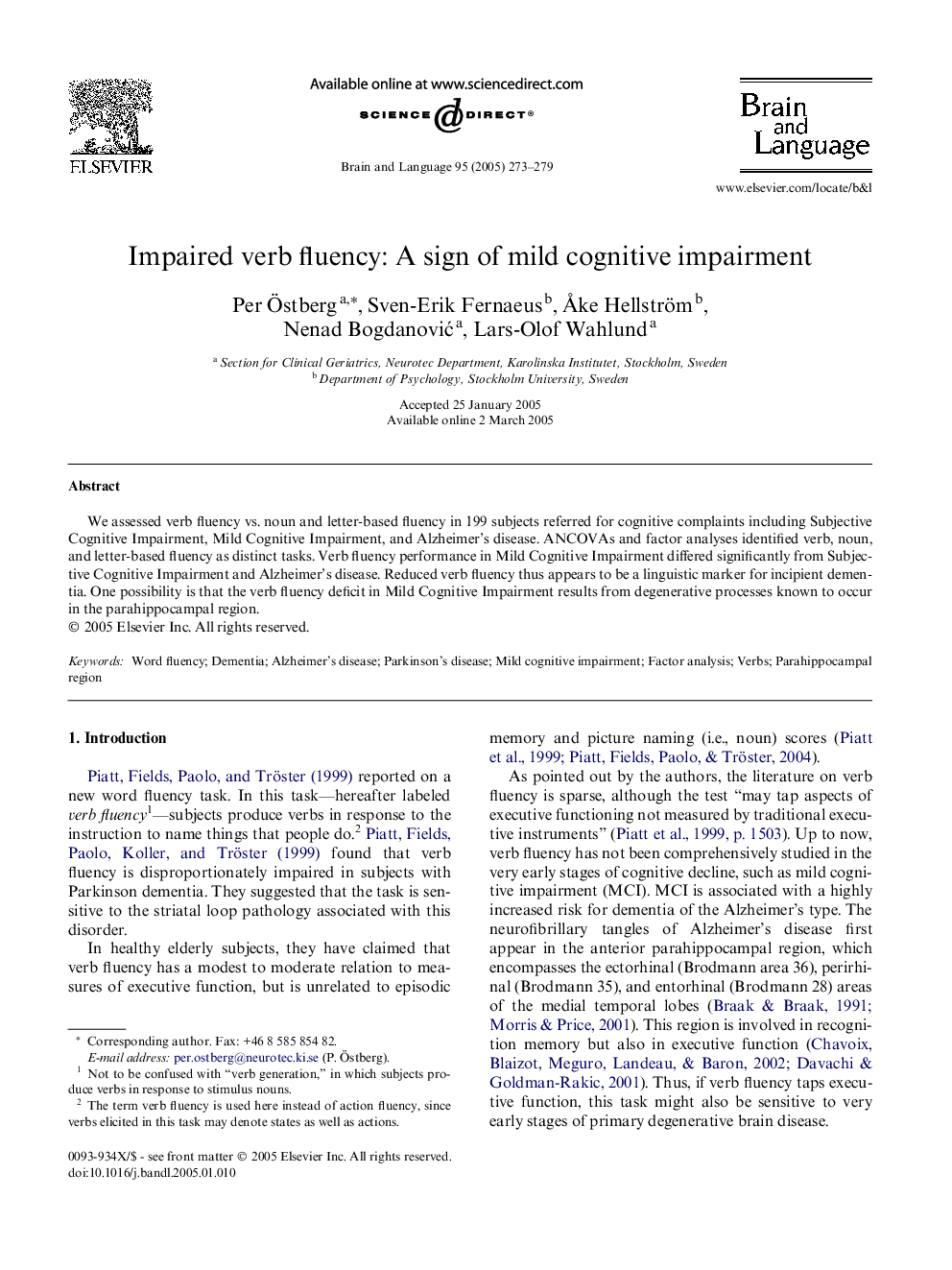 Impaired verb fluency: A sign of mild cognitive impairment