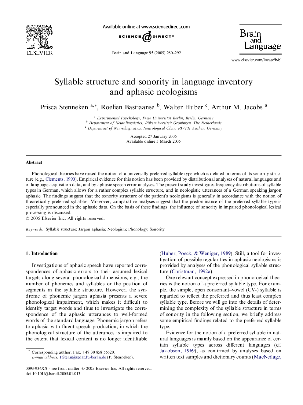 Syllable structure and sonority in language inventory and aphasic neologisms