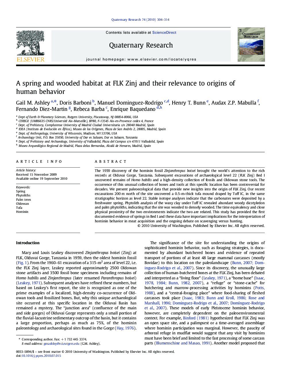 A spring and wooded habitat at FLK Zinj and their relevance to origins of human behavior