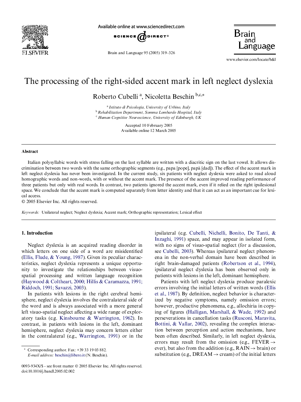 The processing of the right-sided accent mark in left neglect dyslexia