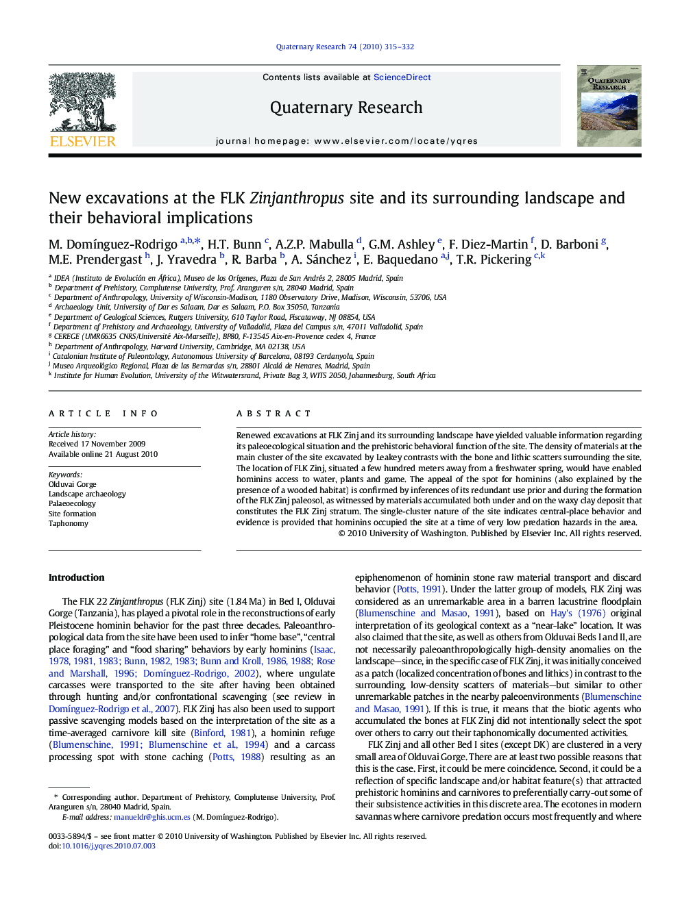 New excavations at the FLK Zinjanthropus site and its surrounding landscape and their behavioral implications