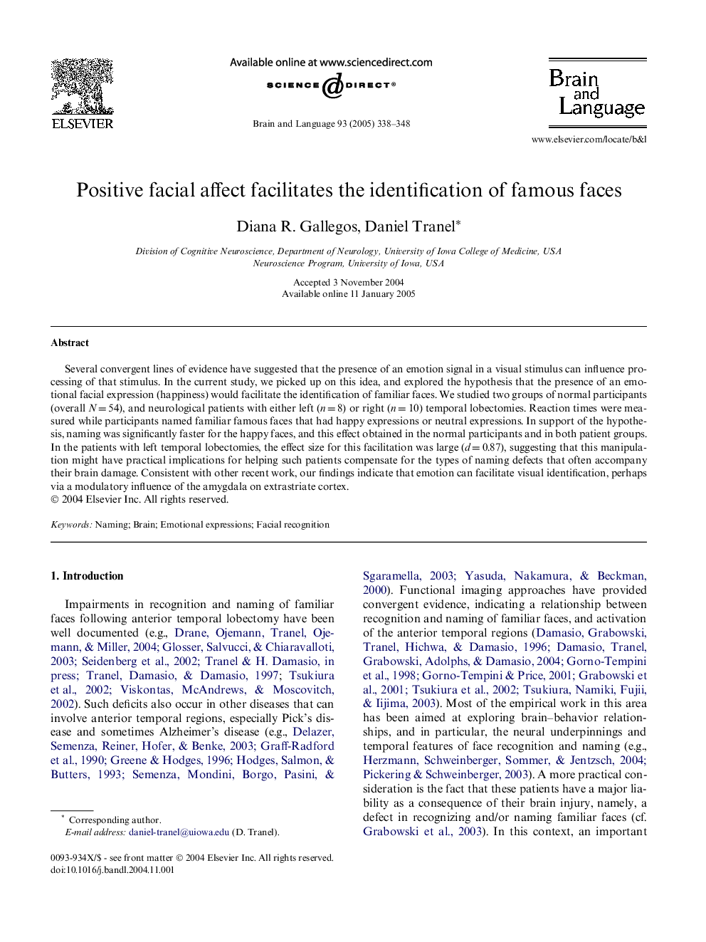 Positive facial affect facilitates the identification of famous faces