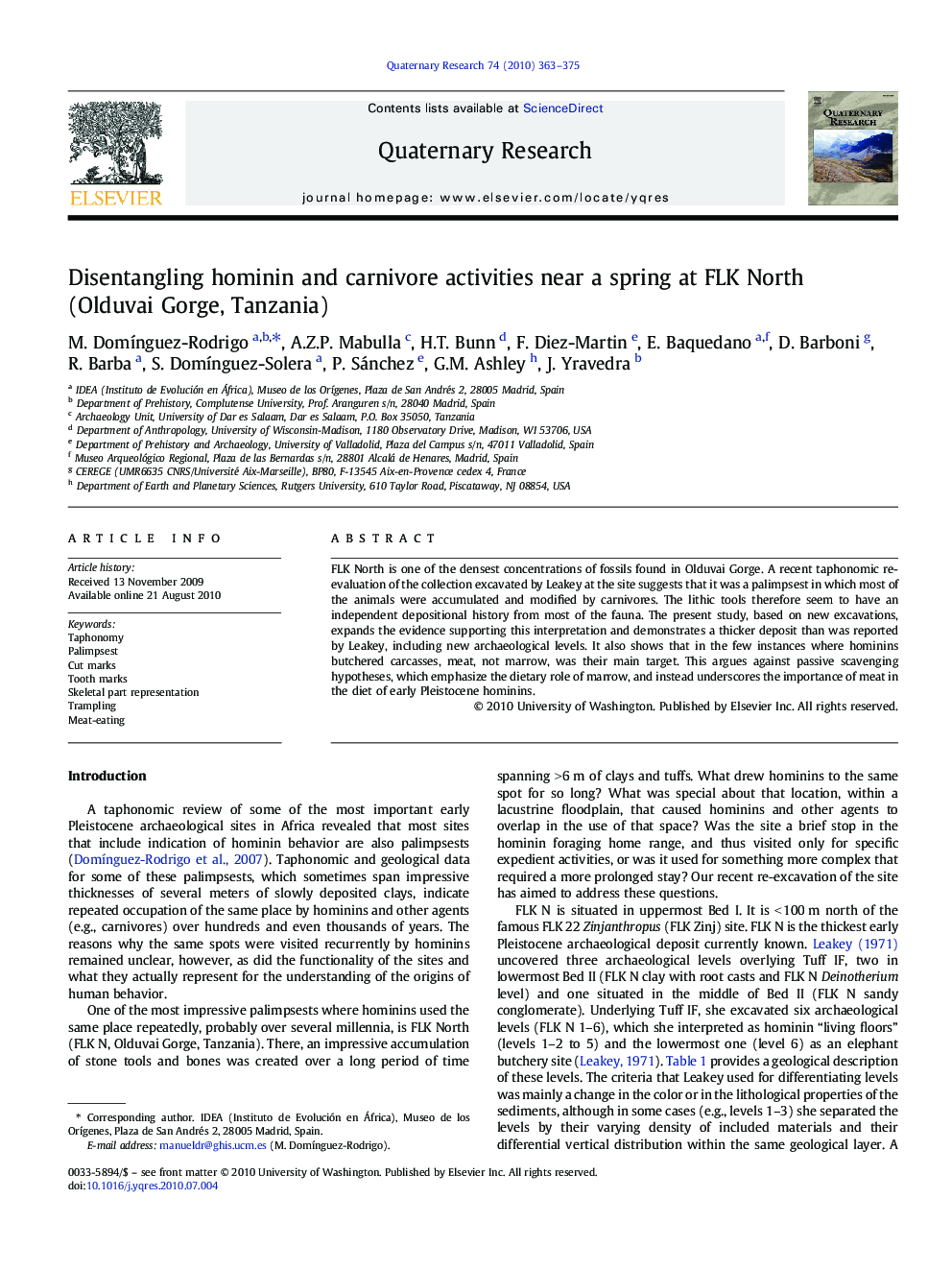 Disentangling hominin and carnivore activities near a spring at FLK North (Olduvai Gorge, Tanzania)