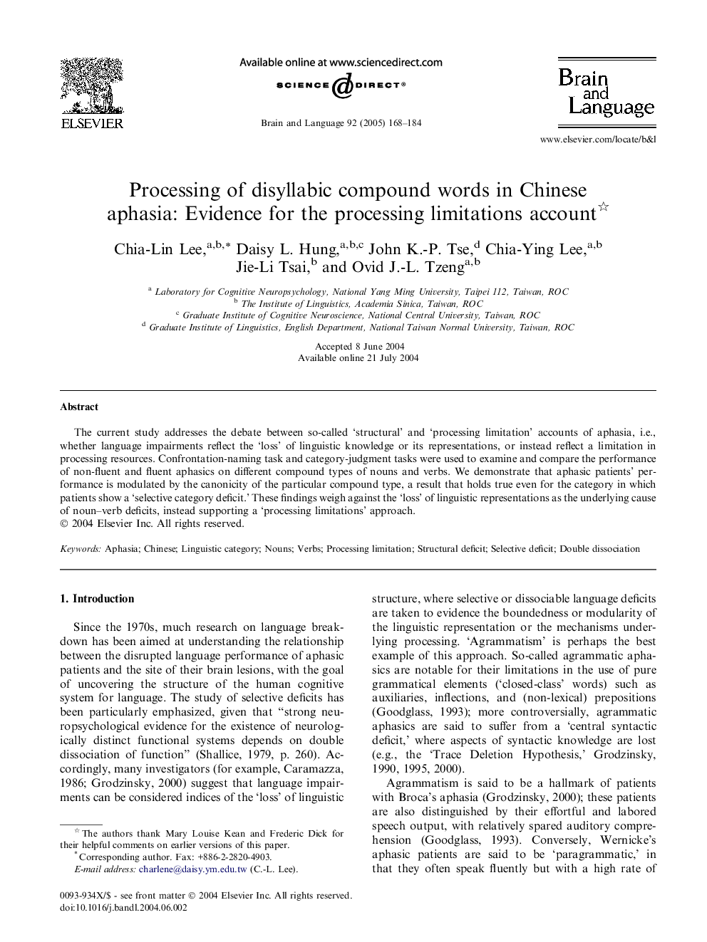 Processing of disyllabic compound words in Chinese aphasia: Evidence for the processing limitations account