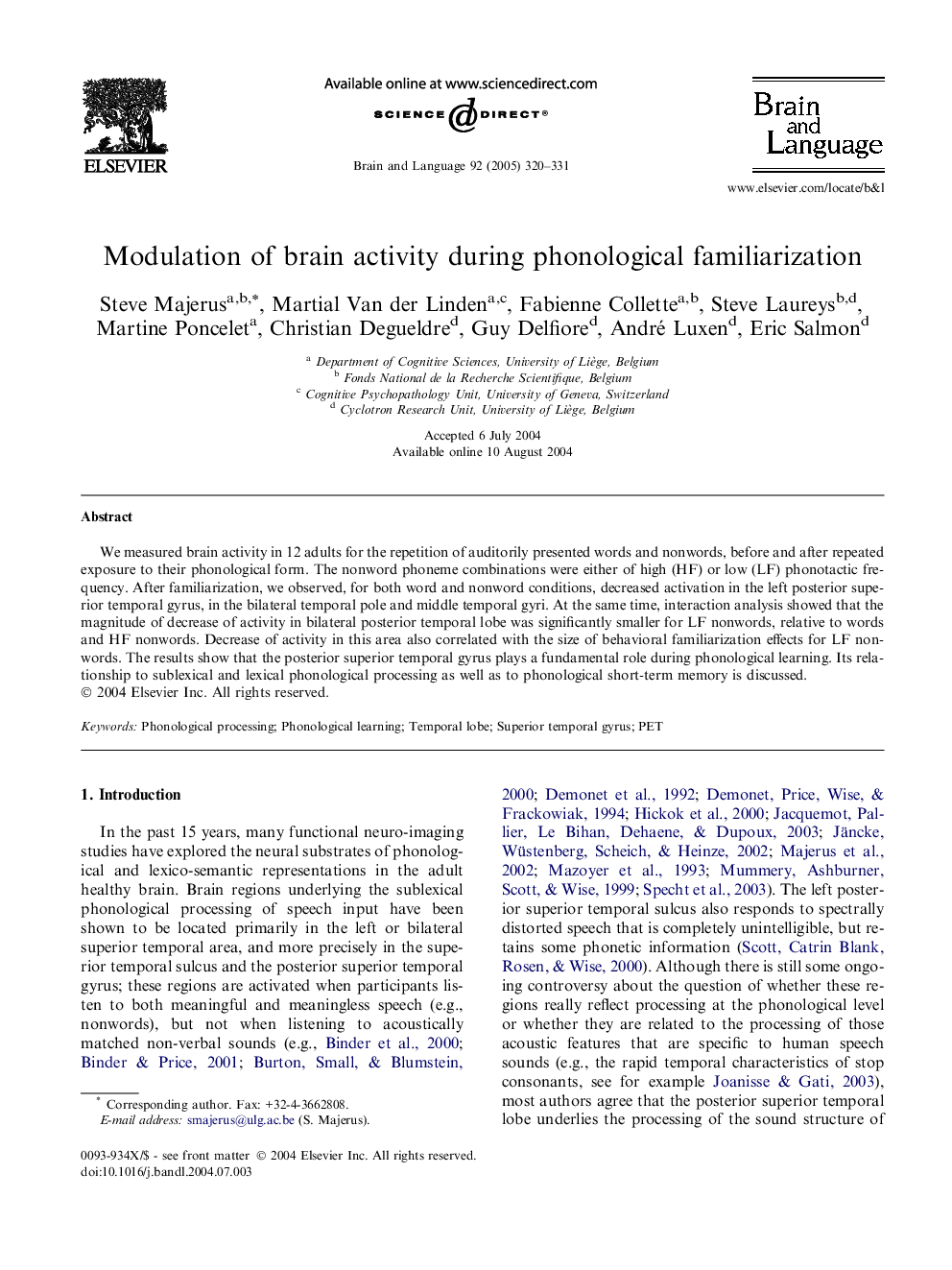 Modulation of brain activity during phonological familiarization