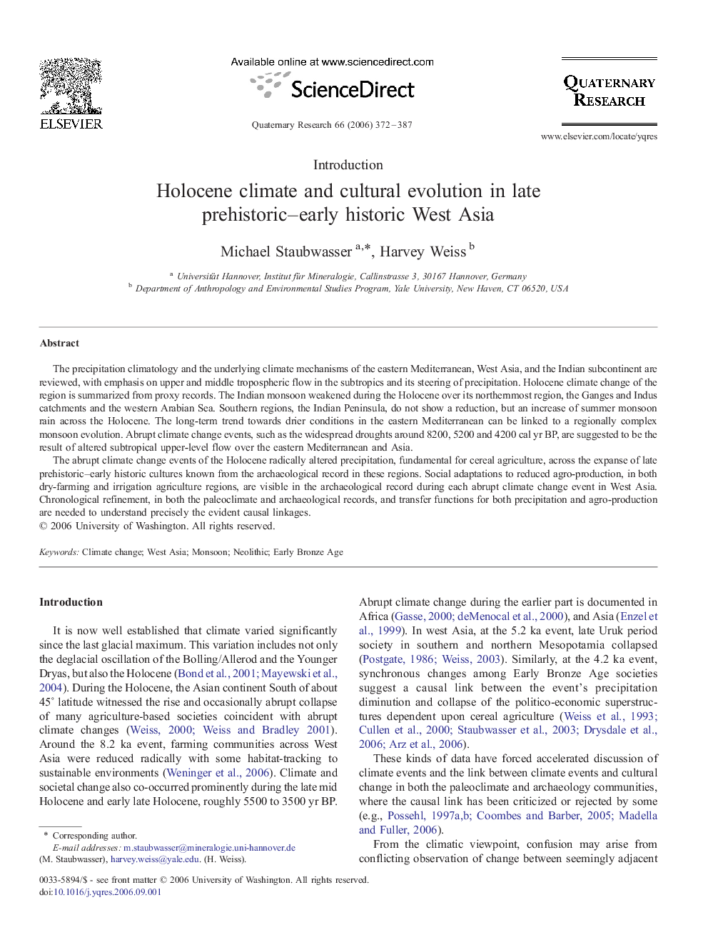 Holocene climate and cultural evolution in late prehistoric–early historic West Asia