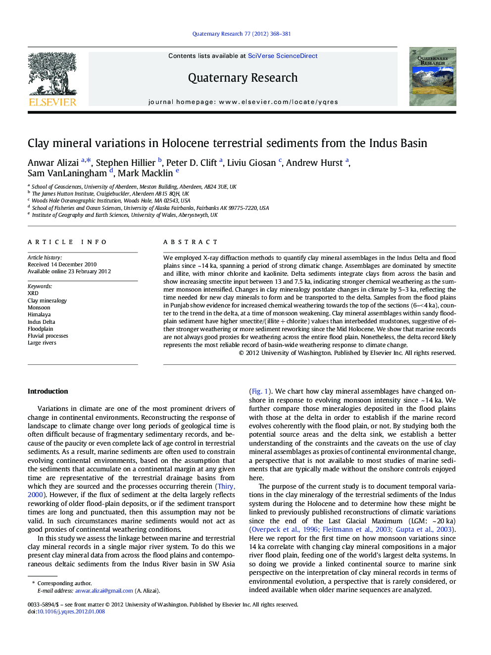 Clay mineral variations in Holocene terrestrial sediments from the Indus Basin