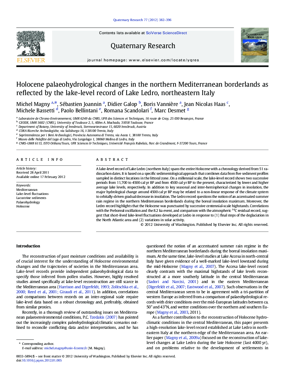 Holocene palaeohydrological changes in the northern Mediterranean borderlands as reflected by the lake-level record of Lake Ledro, northeastern Italy