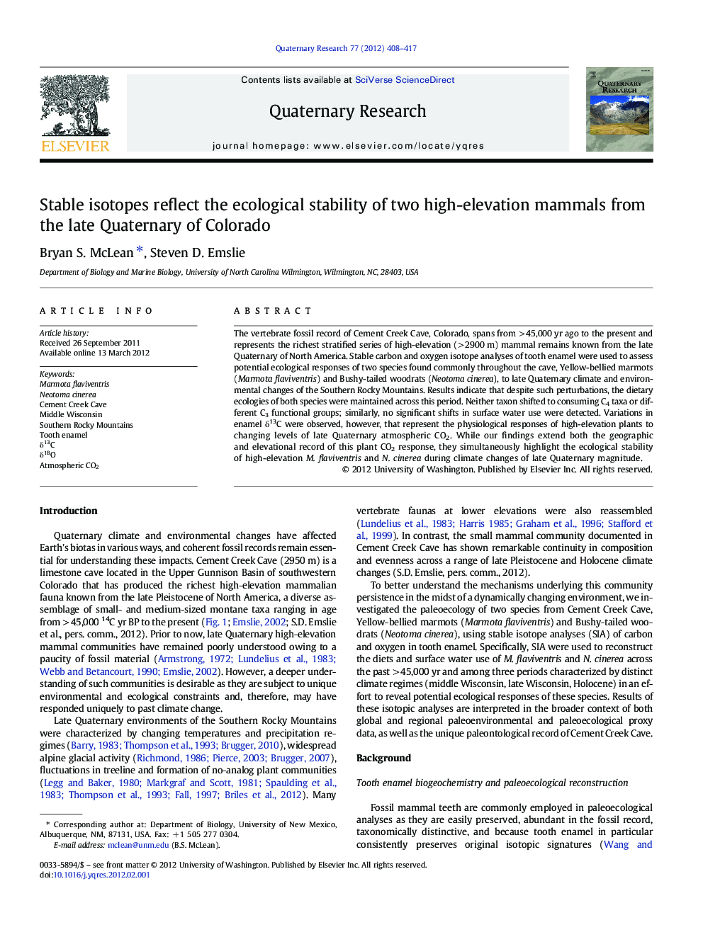 Stable isotopes reflect the ecological stability of two high-elevation mammals from the late Quaternary of Colorado