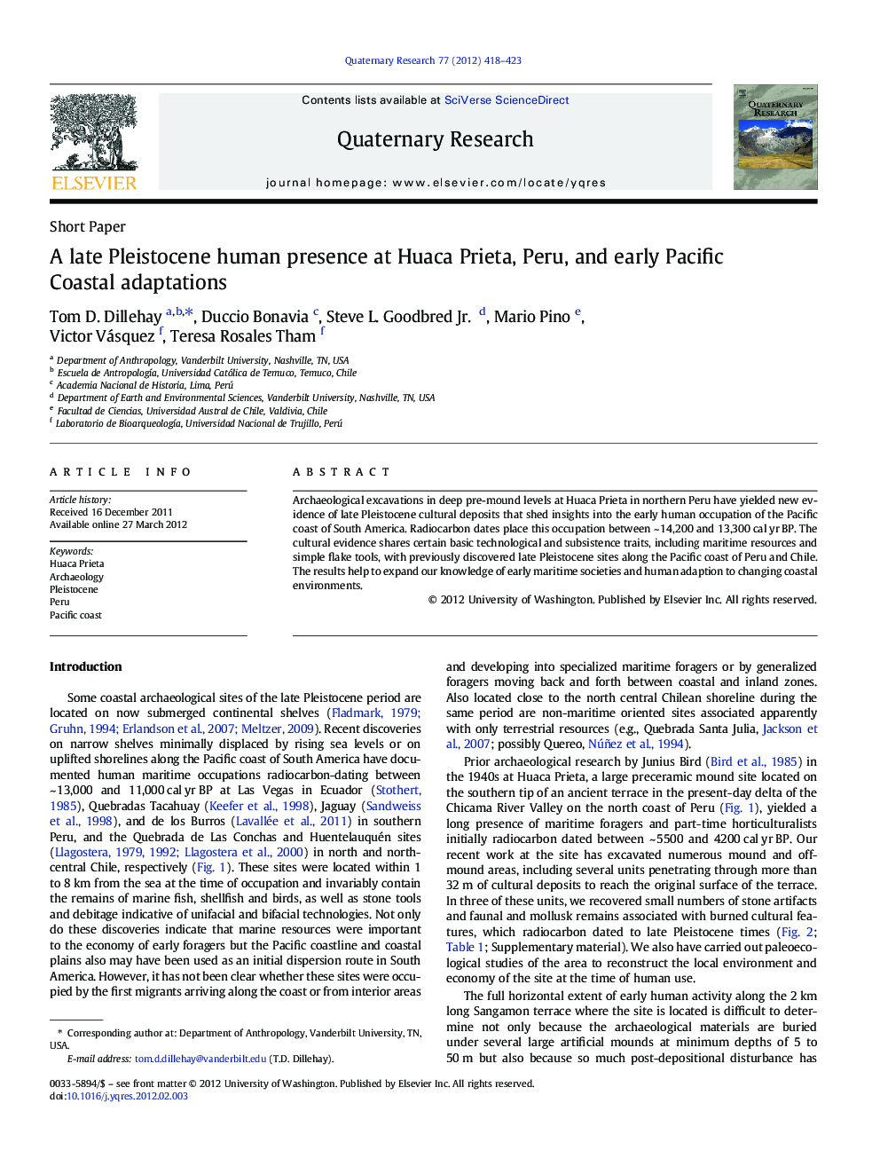 A late Pleistocene human presence at Huaca Prieta, Peru, and early Pacific Coastal adaptations