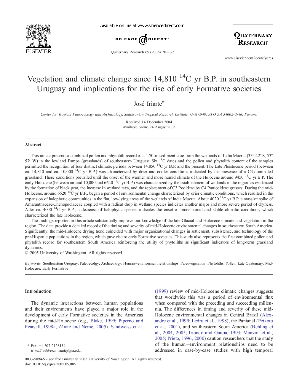 Vegetation and climate change since 14,810 14C yr B.P. in southeastern Uruguay and implications for the rise of early Formative societies