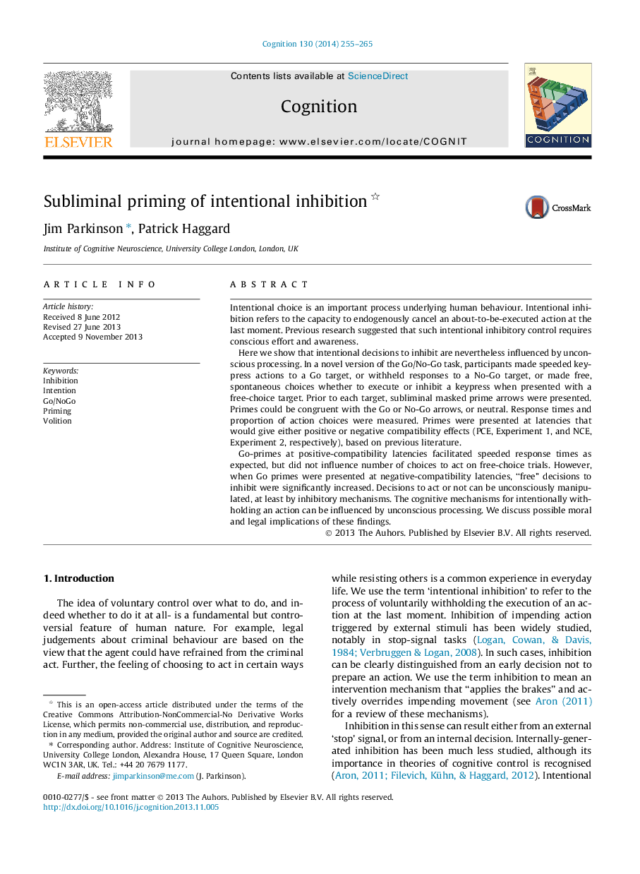 Subliminal priming of intentional inhibition