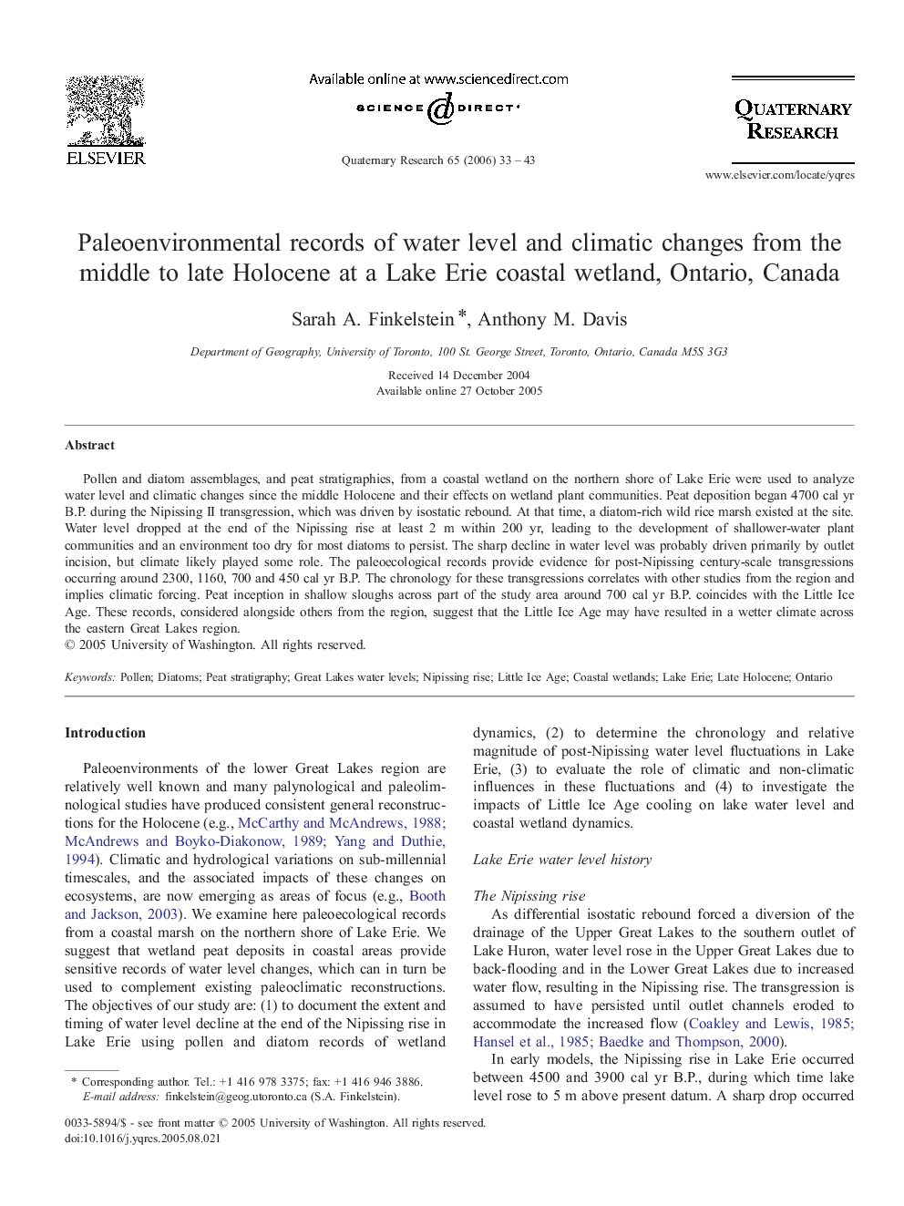 Paleoenvironmental records of water level and climatic changes from the middle to late Holocene at a Lake Erie coastal wetland, Ontario, Canada