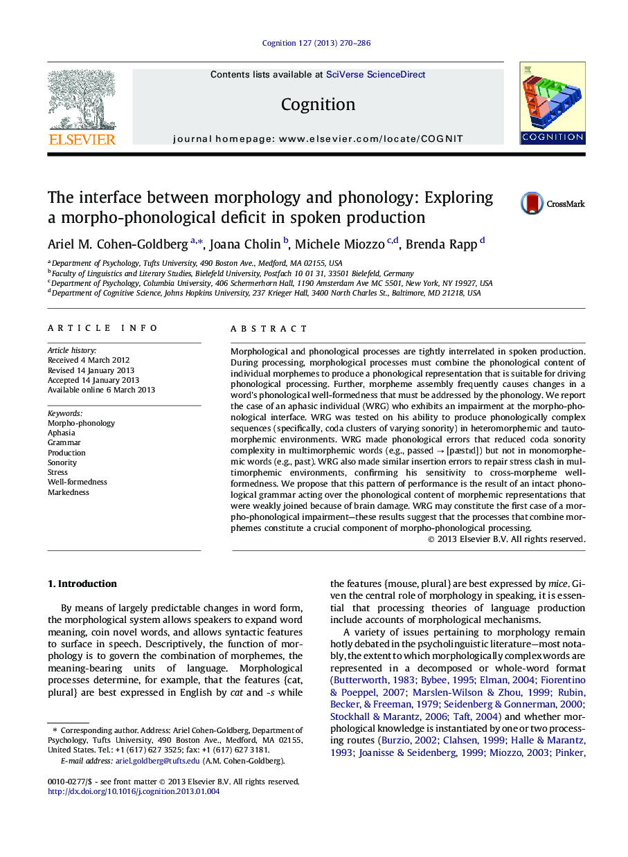 The interface between morphology and phonology: Exploring a morpho-phonological deficit in spoken production