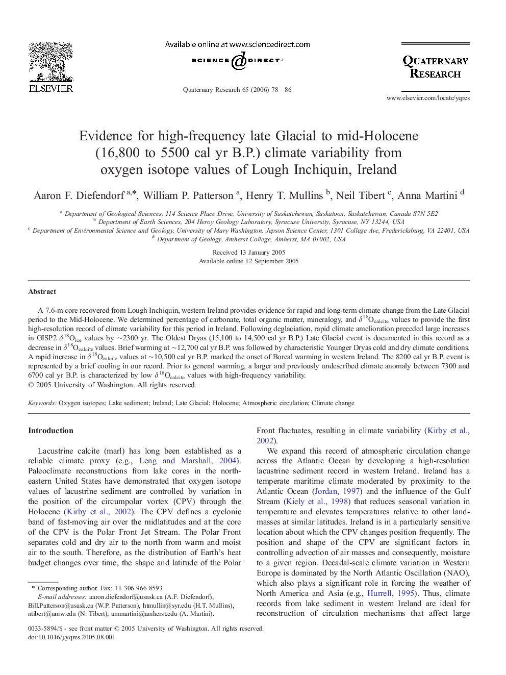 Evidence for high-frequency late Glacial to mid-Holocene (16,800 to 5500 cal yr B.P.) climate variability from oxygen isotope values of Lough Inchiquin, Ireland