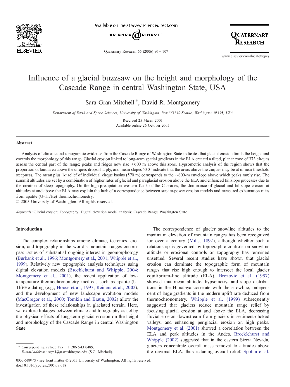 Influence of a glacial buzzsaw on the height and morphology of the Cascade Range in central Washington State, USA