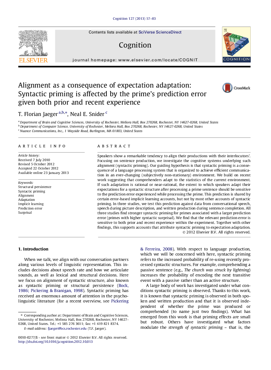 Alignment as a consequence of expectation adaptation: Syntactic priming is affected by the prime's prediction error given both prior and recent experience