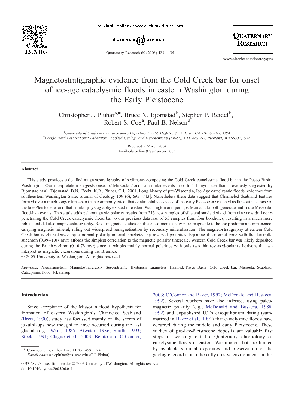 Magnetostratigraphic evidence from the Cold Creek bar for onset of ice-age cataclysmic floods in eastern Washington during the Early Pleistocene