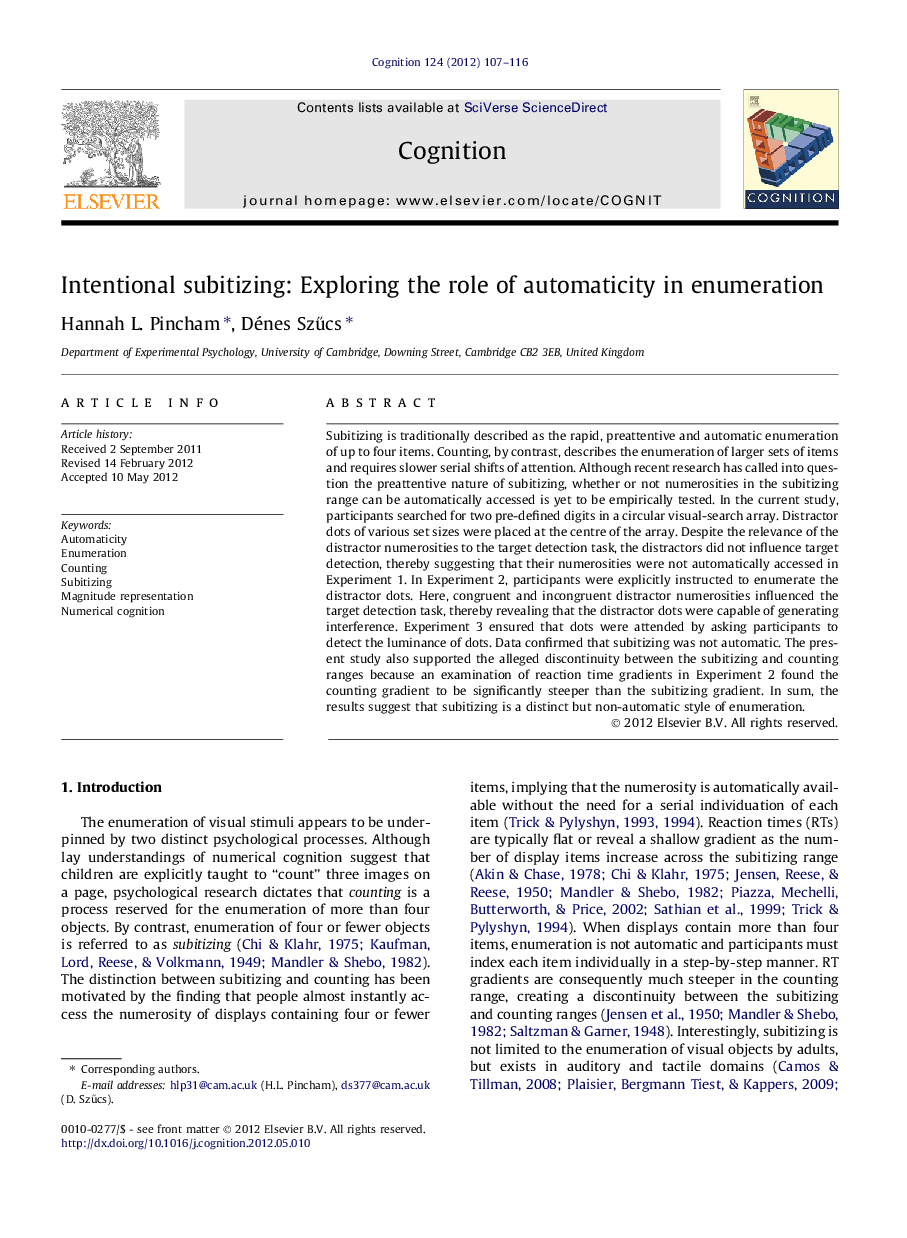 Intentional subitizing: Exploring the role of automaticity in enumeration