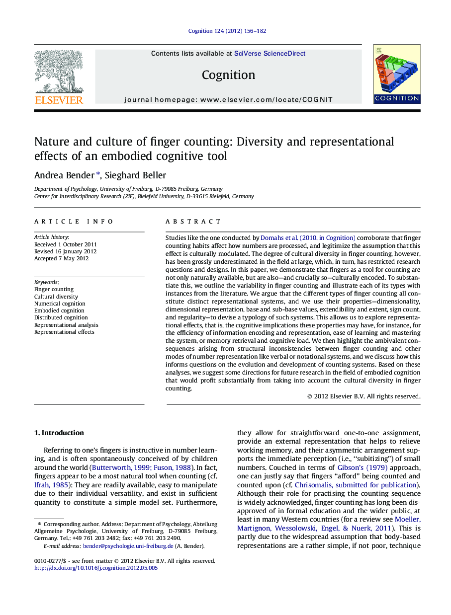 عکس صفحه اول مقاله: Nature and culture of finger counting: Diversity and representational effects of an embodied cognitive tool Nature and culture of finger counting: Diversity and representational effects of an embodied cognitive tool