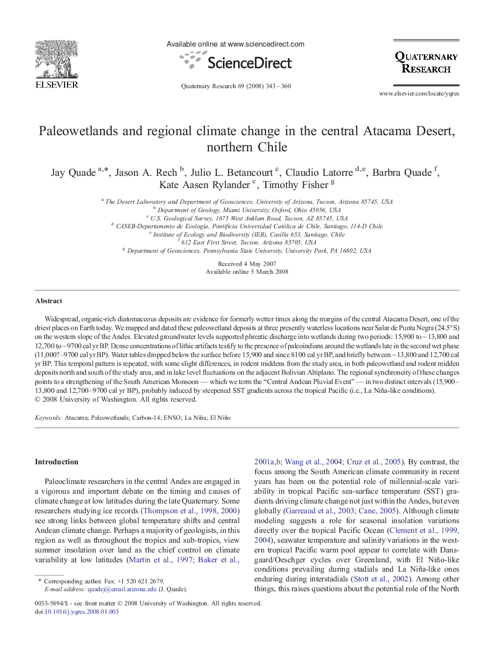 Paleowetlands and regional climate change in the central Atacama Desert, northern Chile