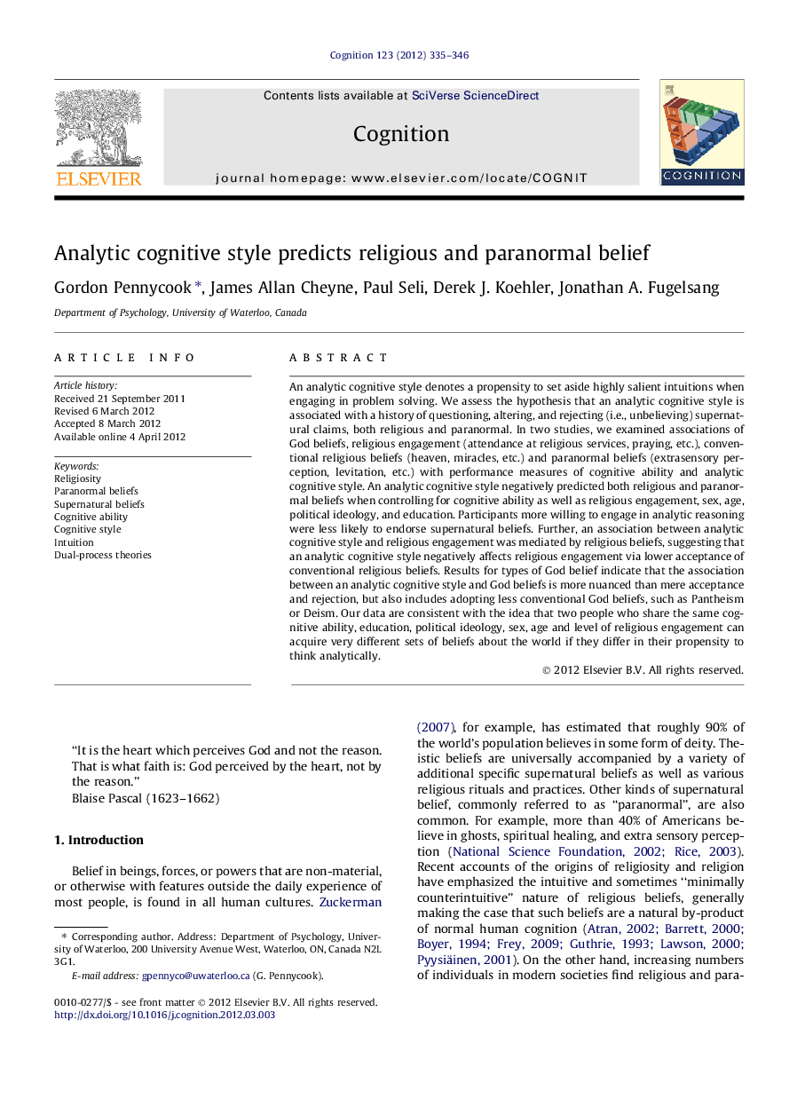 Analytic cognitive style predicts religious and paranormal belief