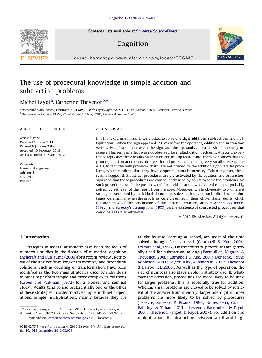 The use of procedural knowledge in simple addition and subtraction problems