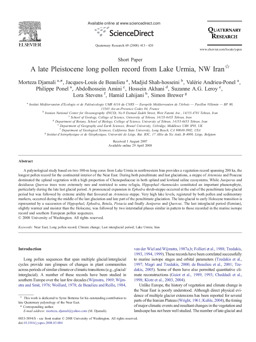 A late Pleistocene long pollen record from Lake Urmia, NW Iran 