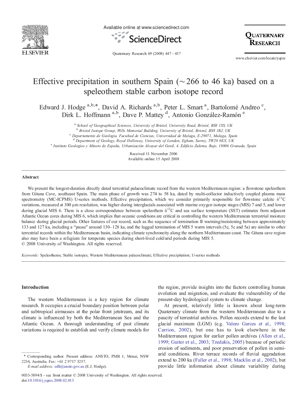 Effective precipitation in southern Spain (∼ 266 to 46 ka) based on a speleothem stable carbon isotope record