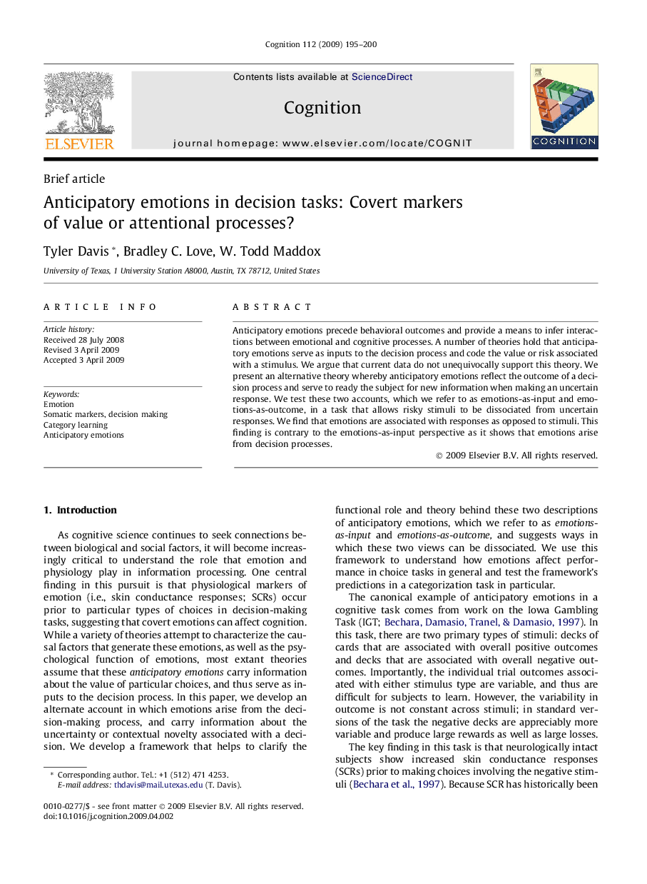 Anticipatory emotions in decision tasks: Covert markers of value or attentional processes?