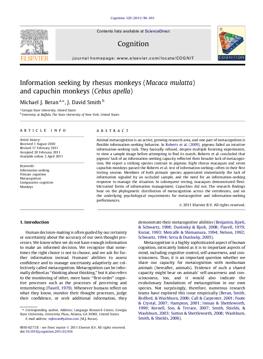 Information seeking by rhesus monkeys (Macaca mulatta) and capuchin monkeys (Cebus apella)