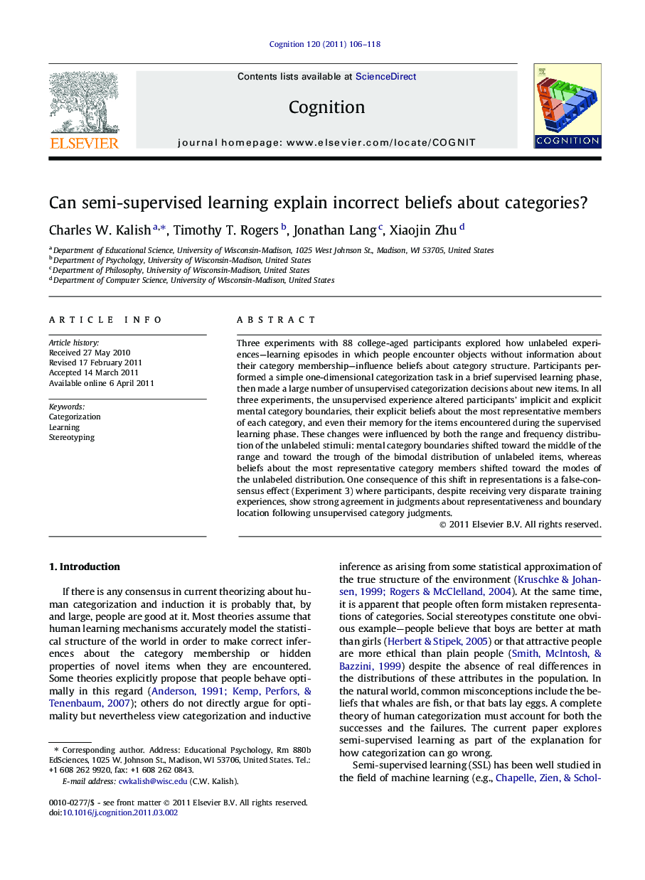 Can semi-supervised learning explain incorrect beliefs about categories?