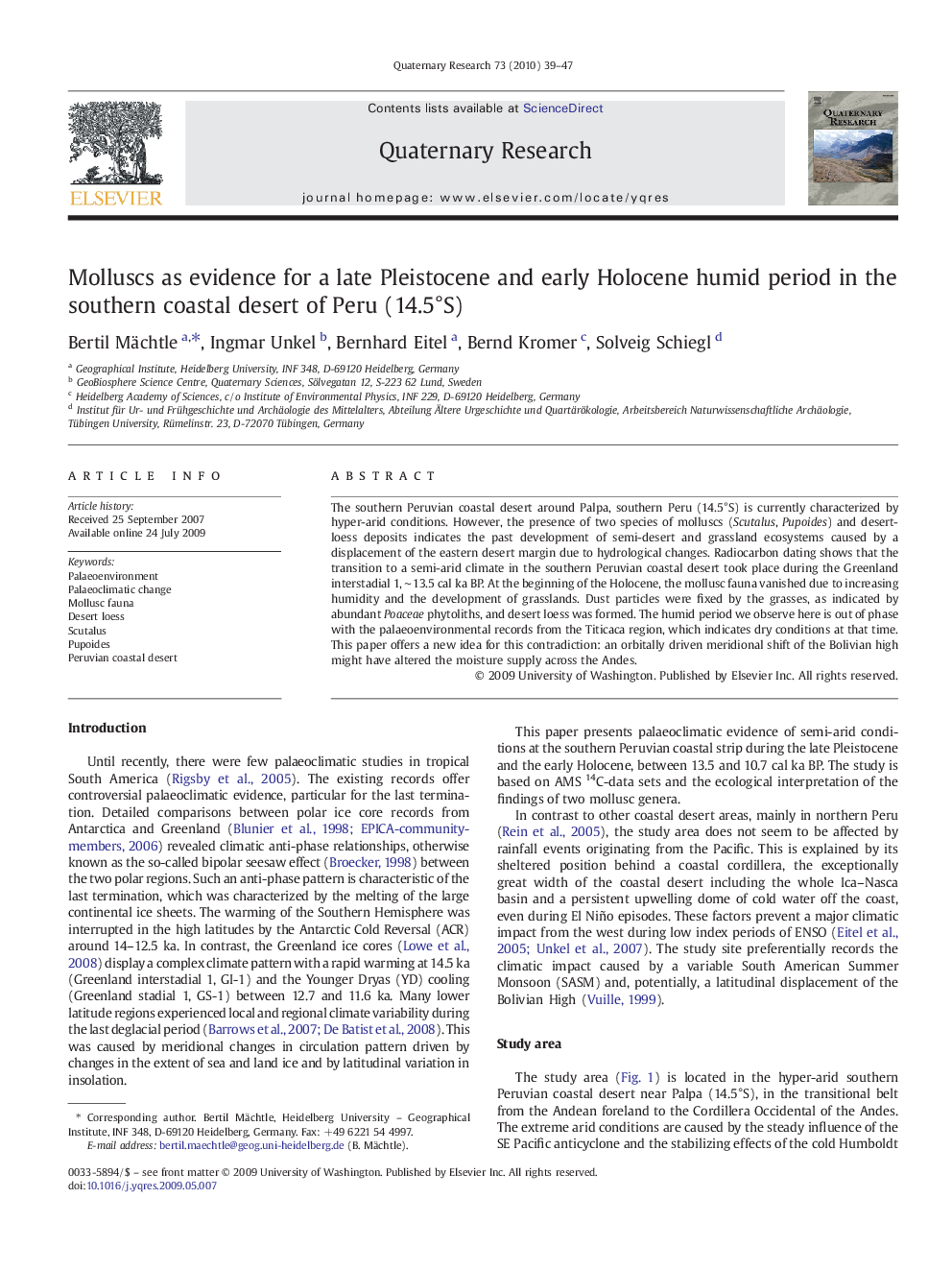 Molluscs as evidence for a late Pleistocene and early Holocene humid period in the southern coastal desert of Peru (14.5°S)