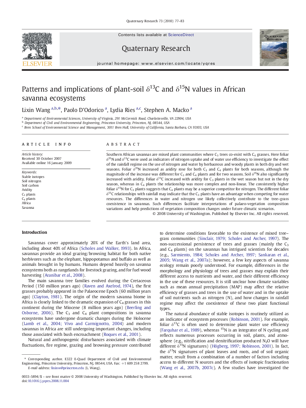 Patterns and implications of plant-soil δ13C and δ15N values in African savanna ecosystems