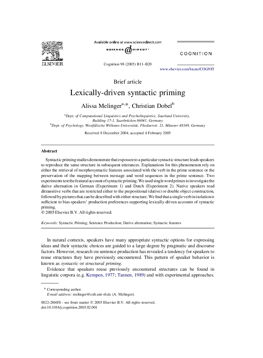 Lexically-driven syntactic priming