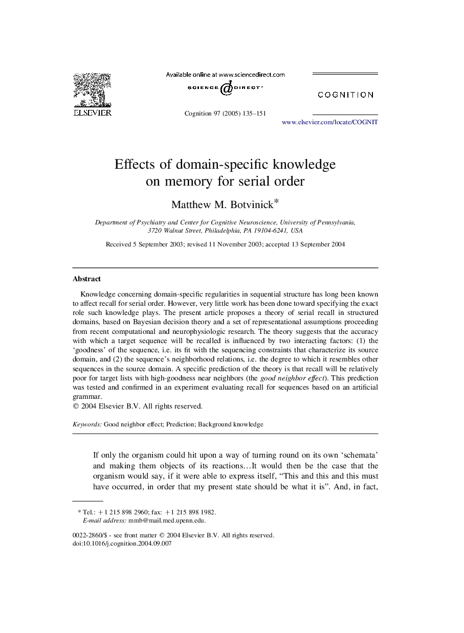 Effects of domain-specific knowledge on memory for serial order