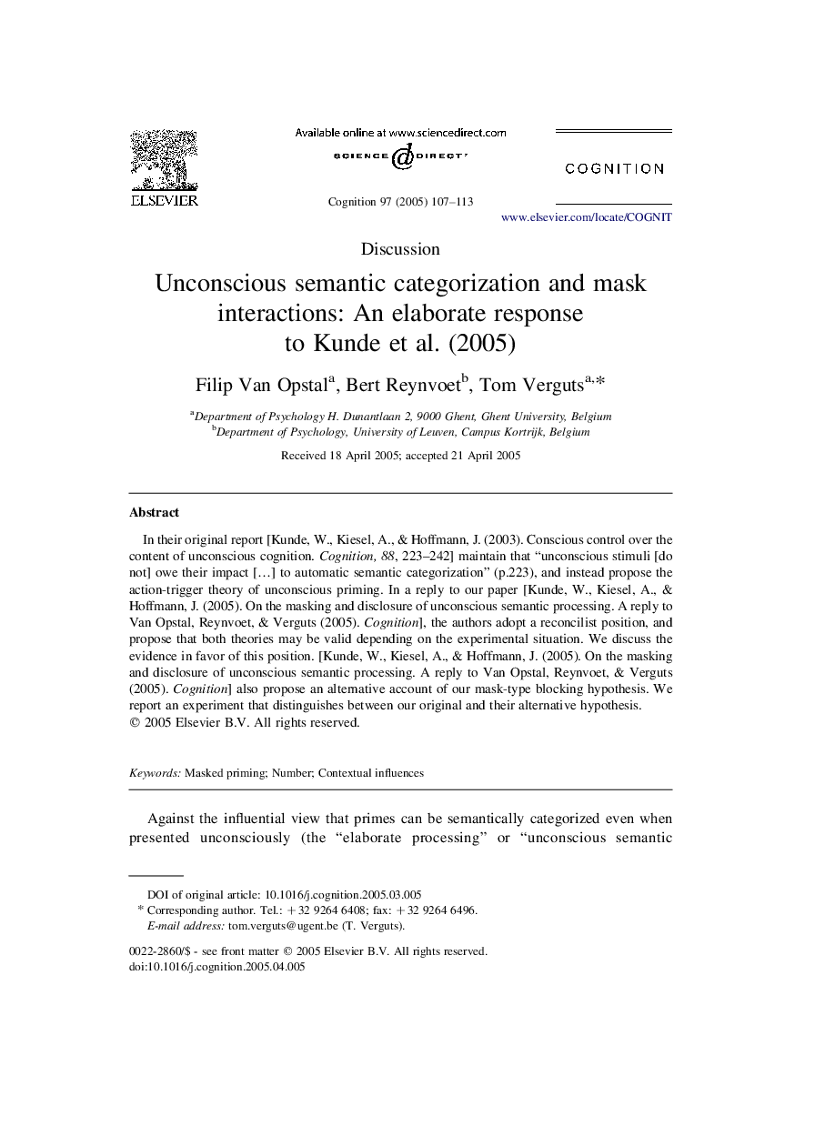 Unconscious semantic categorization and mask interactions: An elaborate response to Kunde et al. (2005)