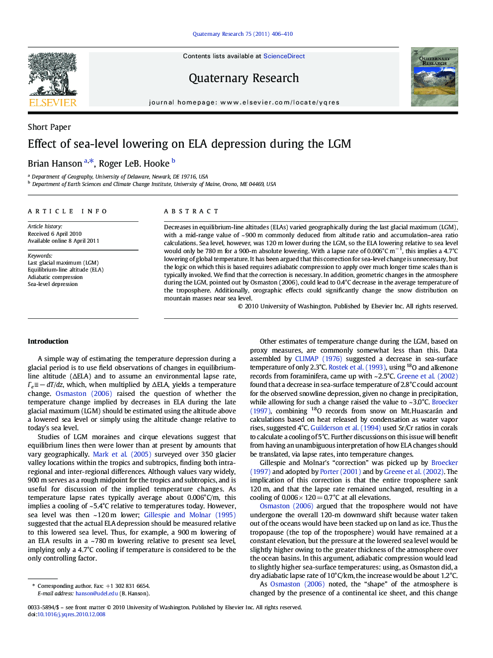 Effect of sea-level lowering on ELA depression during the LGM