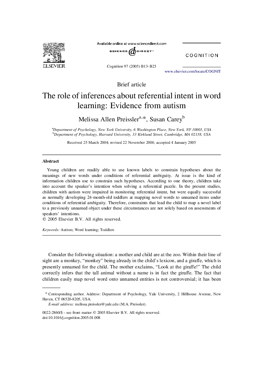 The role of inferences about referential intent in word learning: Evidence from autism