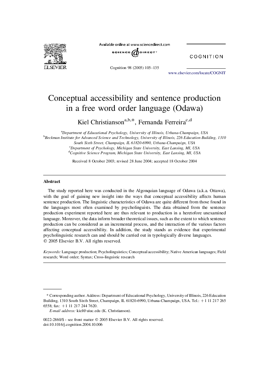 Conceptual accessibility and sentence production in a free word order language (Odawa)